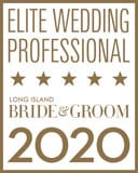 The image is a badge reading "Elite Wedding Professional" with five stars, "Long Island Bride & Groom 2020."