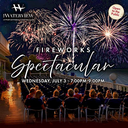 The image features a fireworks event poster for "Fireworks Spectacular" on Wednesday, July 3, from 7:00 PM to 9:00 PM. Ending the sentence.
